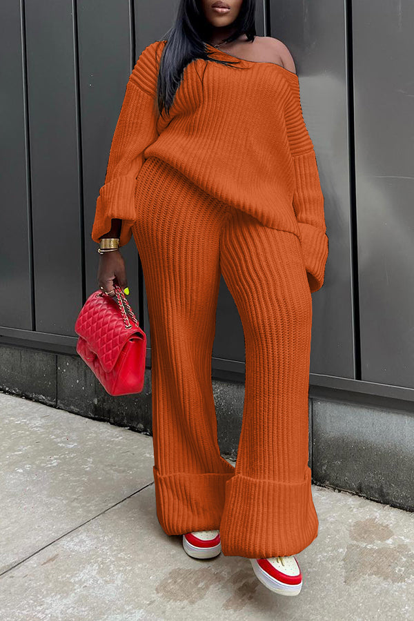 Casual Ribbed Knit Sweater Pants Set