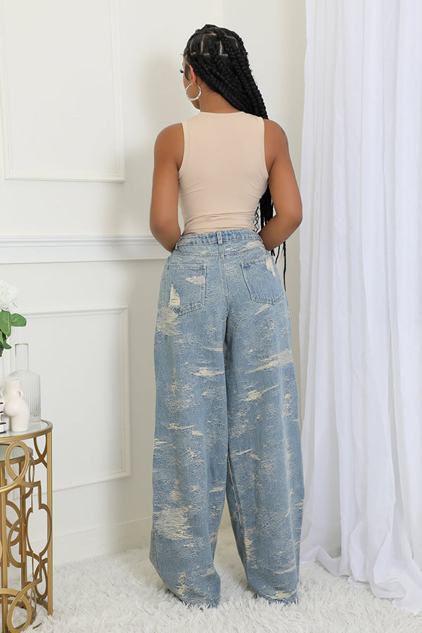 New Spring Washed Ripped Wide-leg Jeans