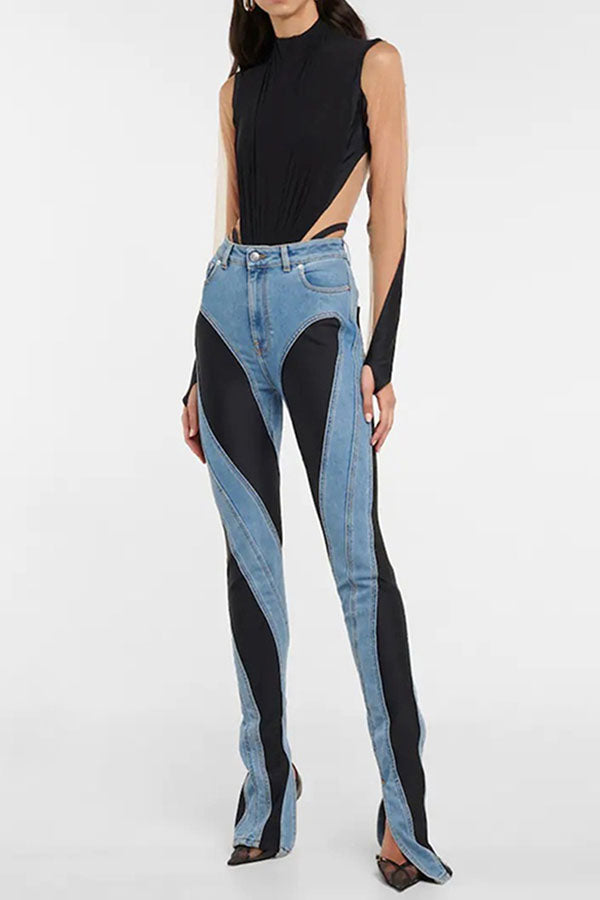 Chic High Waist Two Tone Jeans