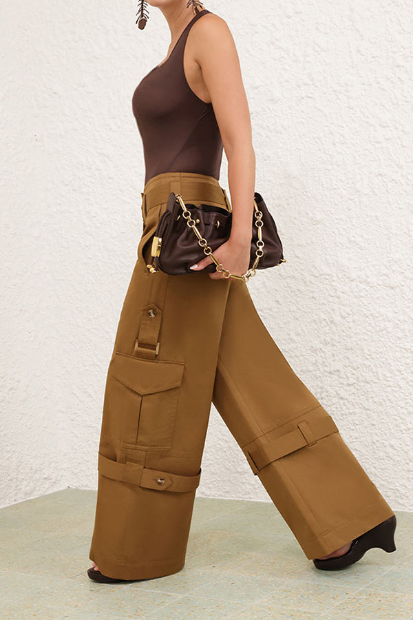 Fashion Belted Flap Pocket Straight Leg Pants