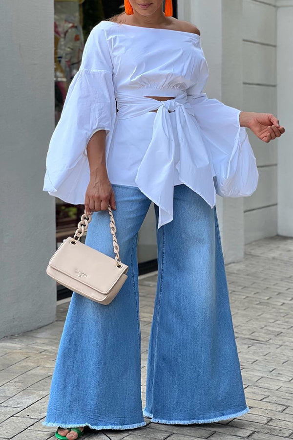 Chic Off Shoulder Knot Front Lantern Sleeve Top