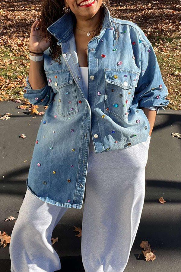 Fashion Rhinestone Print Shirt Collar Jacket