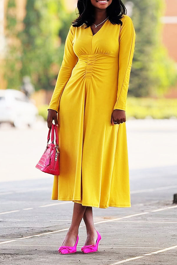 Elegant Ruched V-Neck Midi Dress