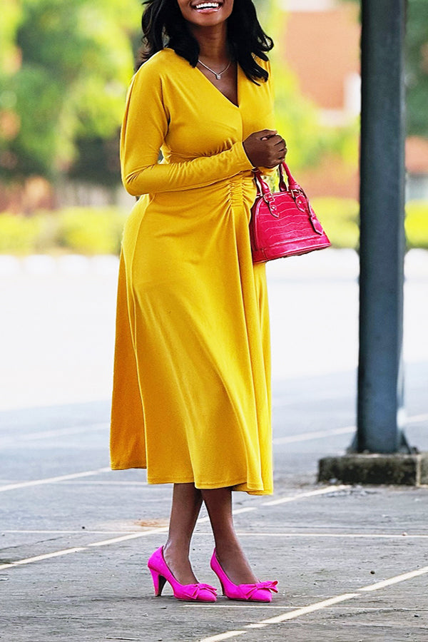 Elegant Ruched V-Neck Midi Dress