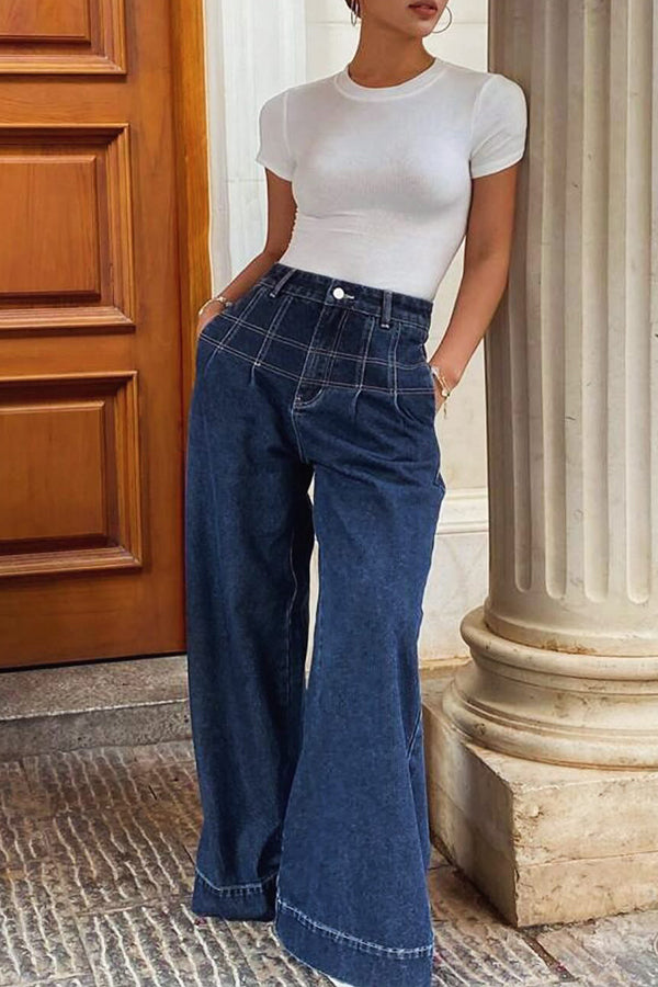 Fashion Quilted Waist Wide Leg Jeans