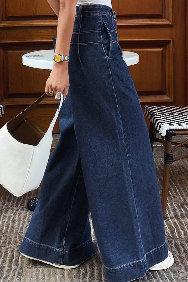 Fashion Quilted Waist Wide Leg Jeans