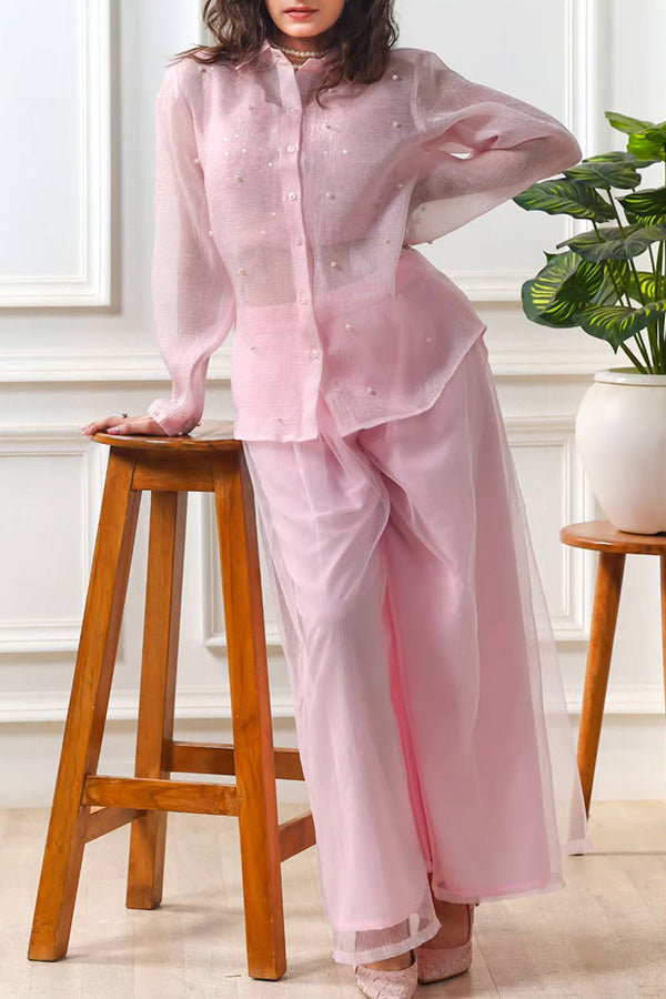 Chic Pearl Decoration Shirt & Pants Set