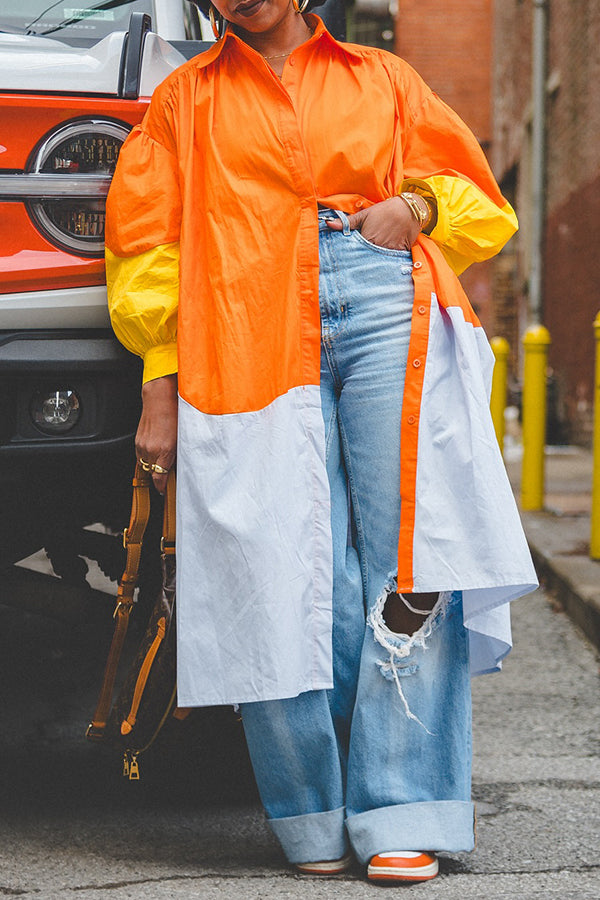 Chic Loose Colorblock Lantern Sleeve Shirt Dress