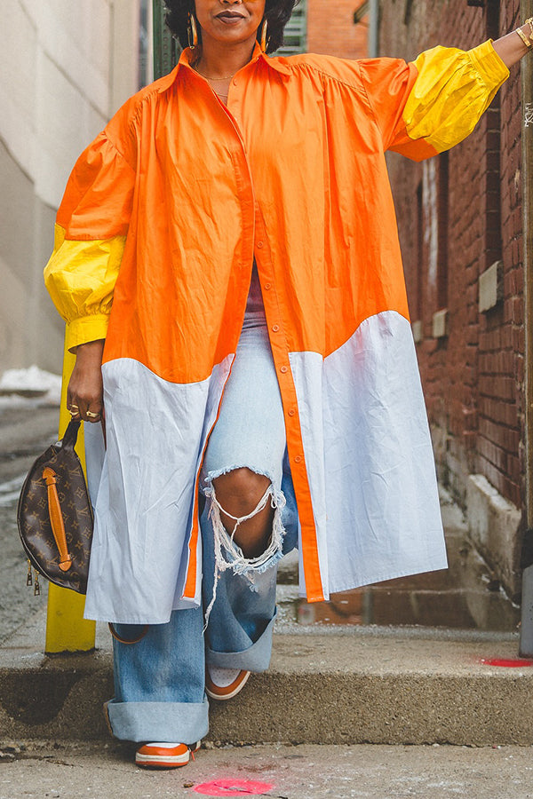 Chic Loose Colorblock Lantern Sleeve Shirt Dress