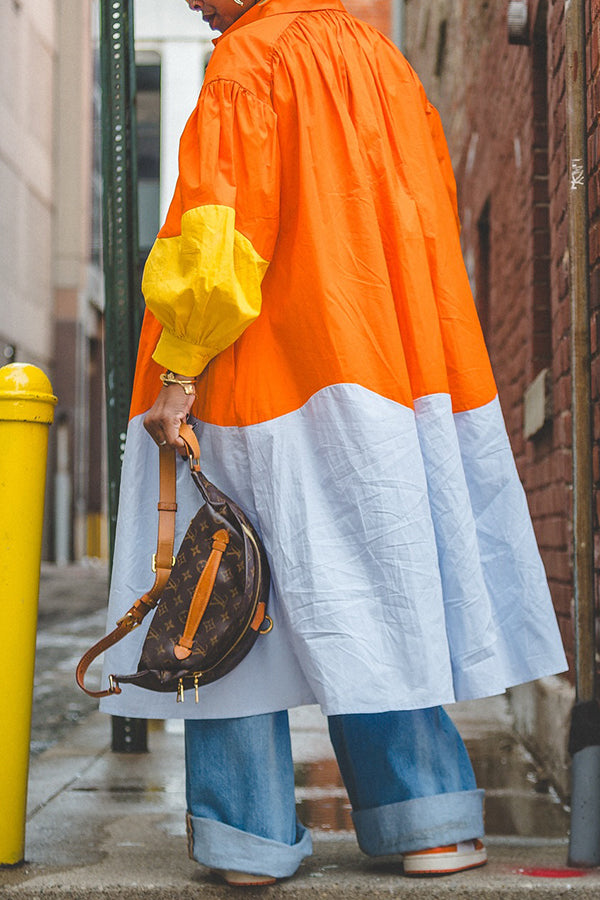 Chic Loose Colorblock Lantern Sleeve Shirt Dress