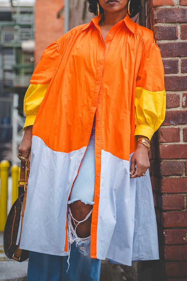 Chic Loose Colorblock Lantern Sleeve Shirt Dress