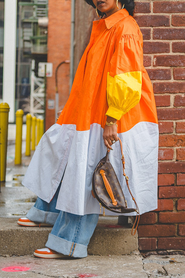 Chic Loose Colorblock Lantern Sleeve Shirt Dress