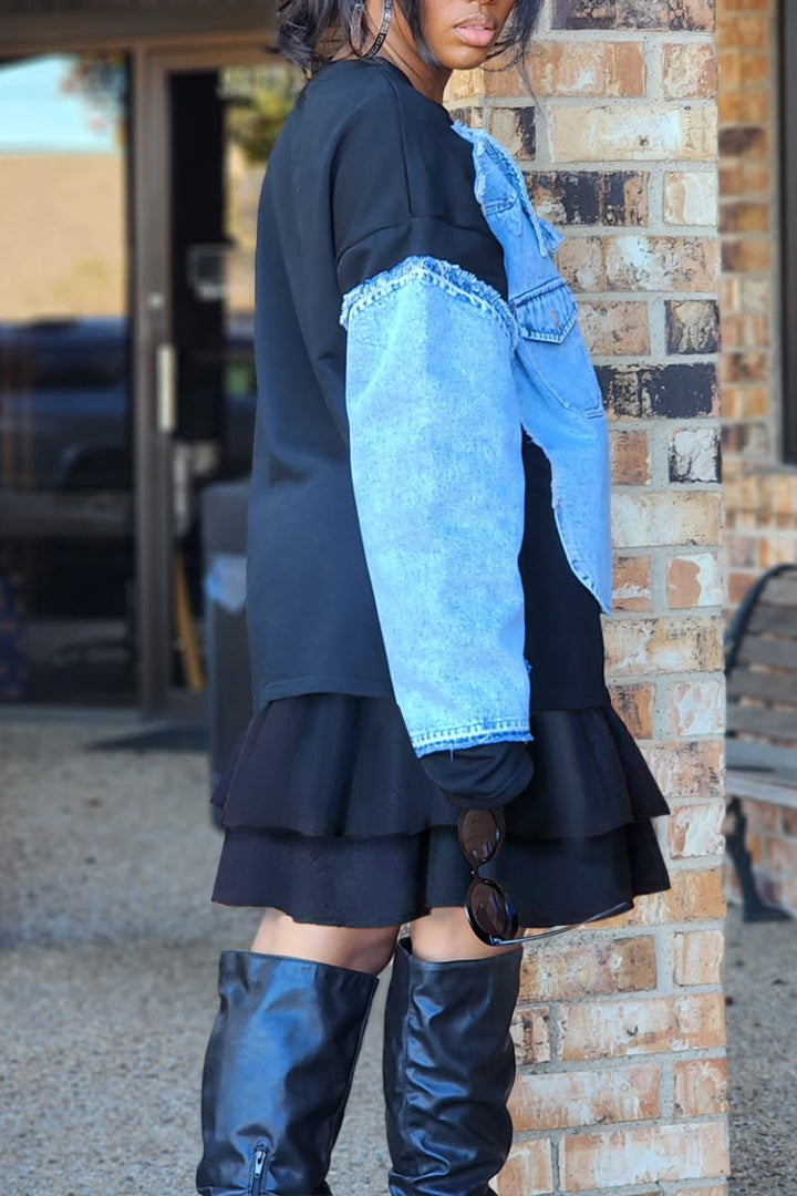 Fashion Contrast Denim Layered Hem Dress 