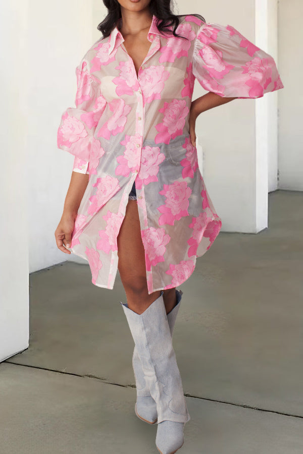 Spring Floral Print Lantern Sleeve Blouses