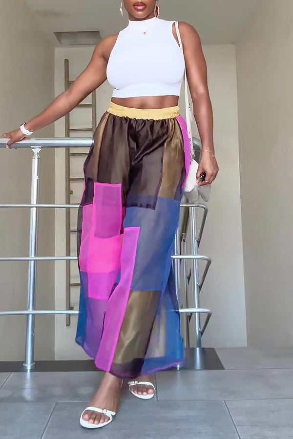 Stylish Colorblock Patchwork Wide Leg Pants