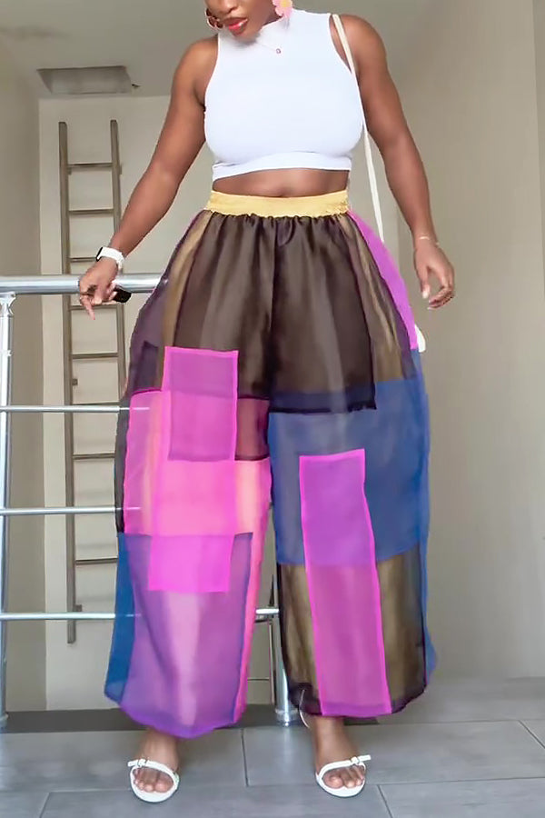 Stylish Colorblock Patchwork Wide Leg Pants