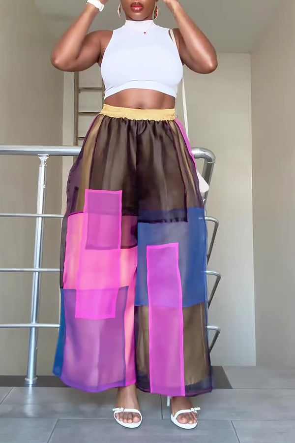 Stylish Colorblock Patchwork Wide Leg Pants