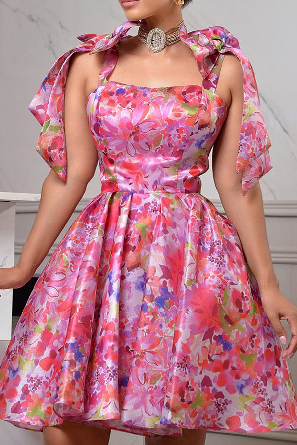 Spring Stylish Floral Print Bow Front Dress