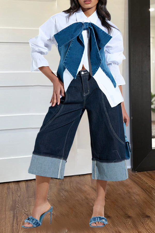 Chic Contrast Denim Bow Front Shirt