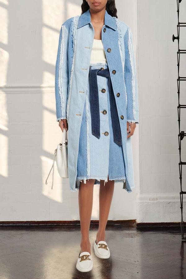 Stylish Colorblock Belted denim coat