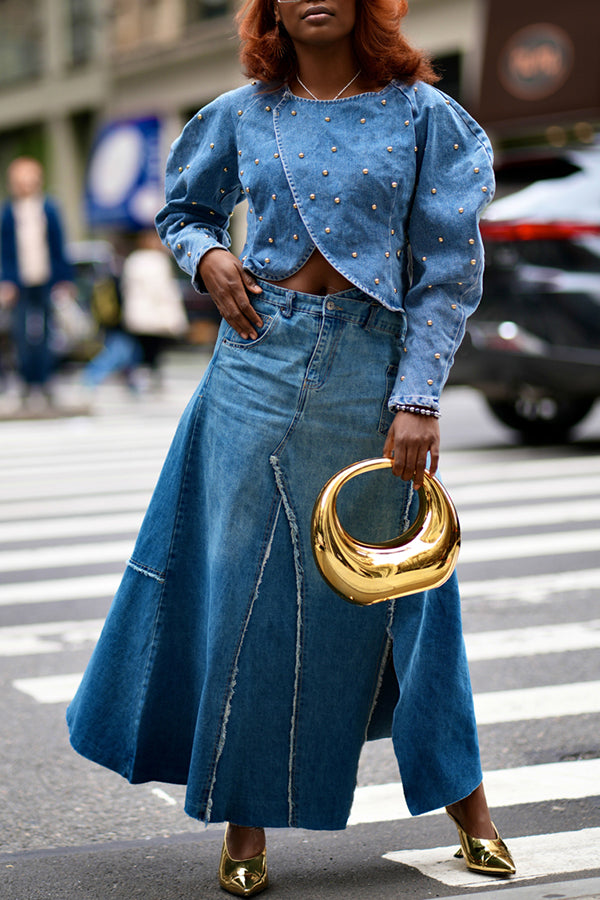 Fashion Beaded Denim Long Sleeve Top