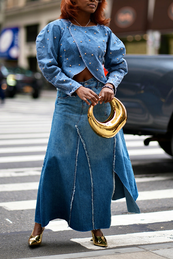 Fashion Beaded Denim Long Sleeve Top