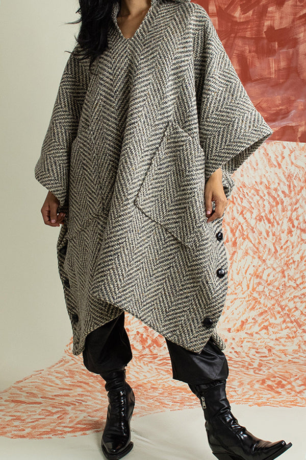 Stylish Loose Batwing Sleeve Tweed Cloak