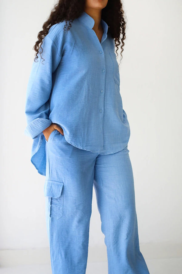 Casual Button Up Shirt & Flap Pocket Pants Set