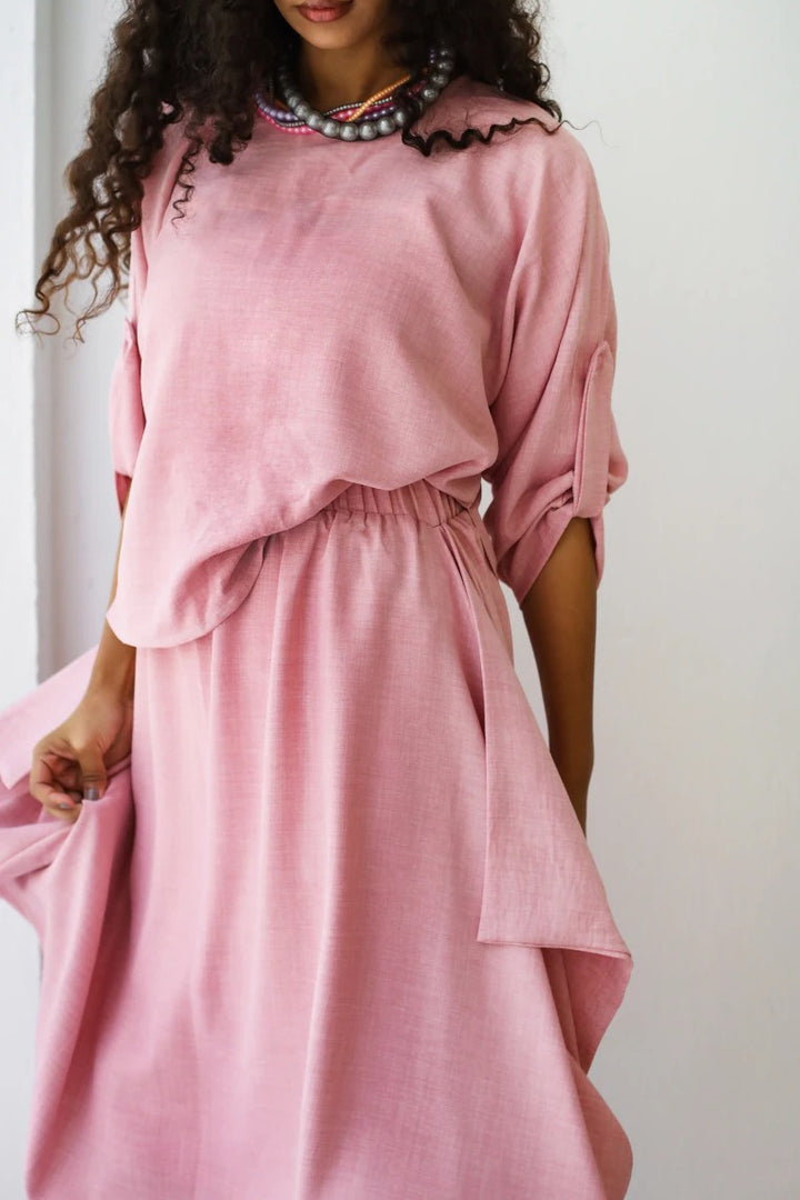 Casual Round Neck Top & Loose Skirt Set