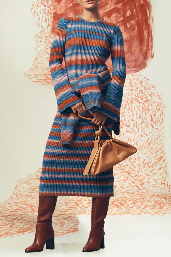 Chic Striped Long-Sleeve Knit Midi Dress