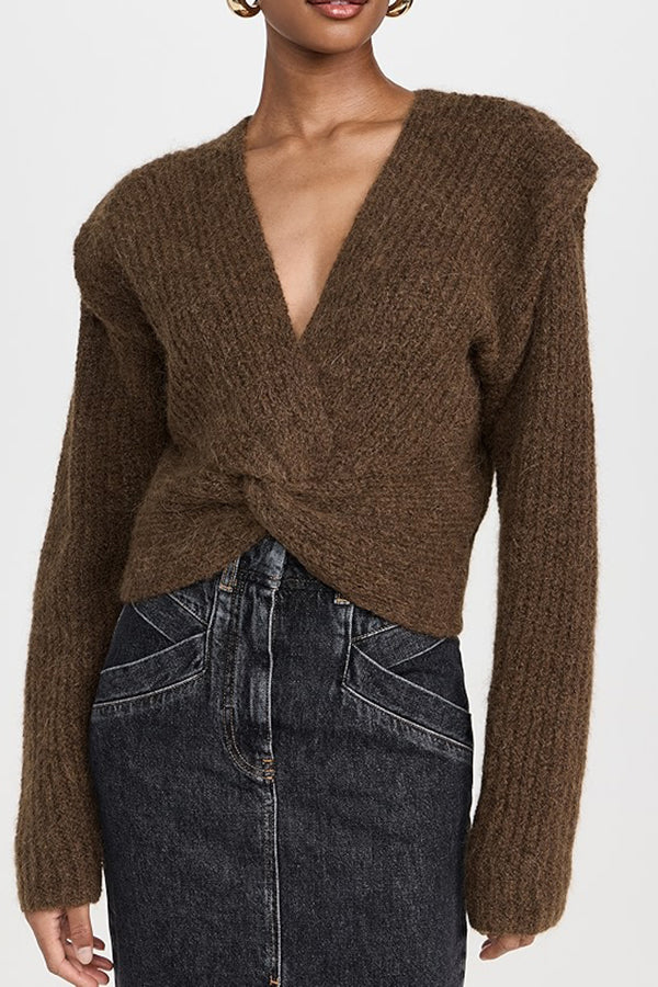 Stylish V-Neck Twist Front Solid Sweaters