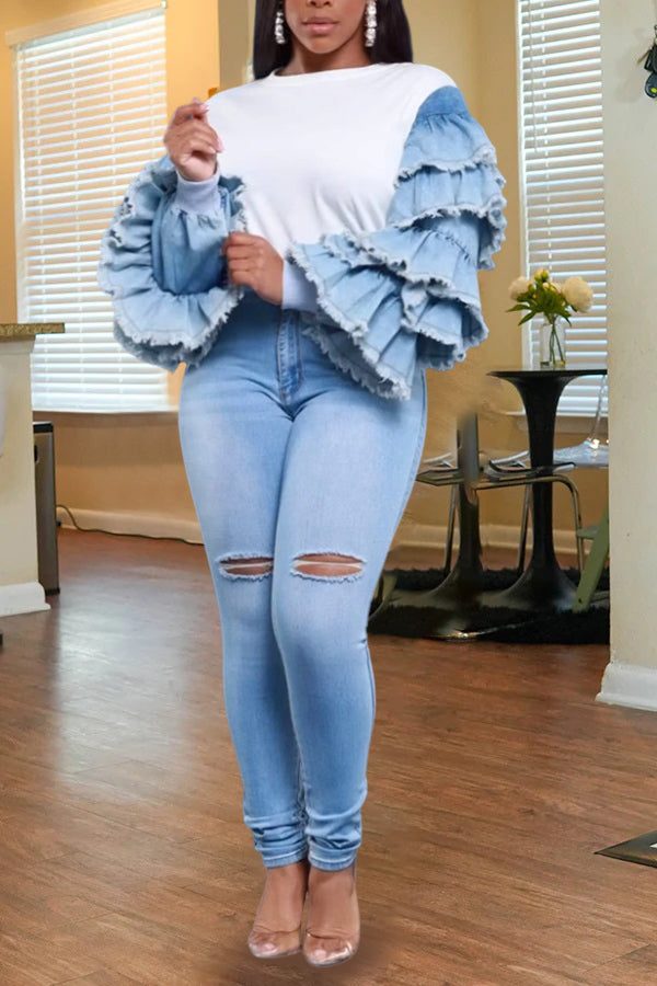 Casual Denim Layered Flounce Sleeve Top & Jeans Set