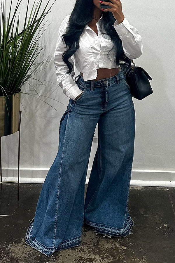 Casual Solid High Waist Wide-Leg Jeans