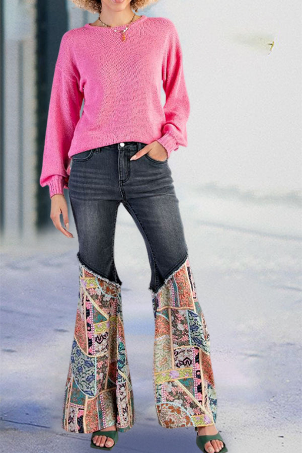 Casual Mixed Print Bell Bottom Jeans