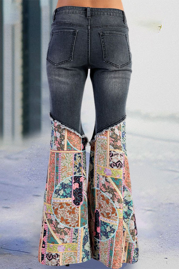 Casual Mixed Print Bell Bottom Jeans