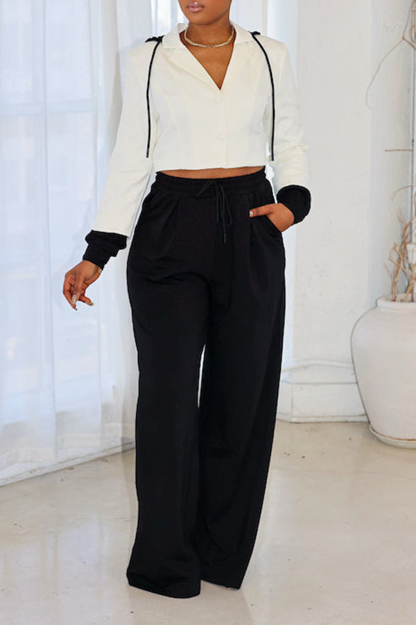 Casual Colorblock Lapel Neck Jacket & Pants Set