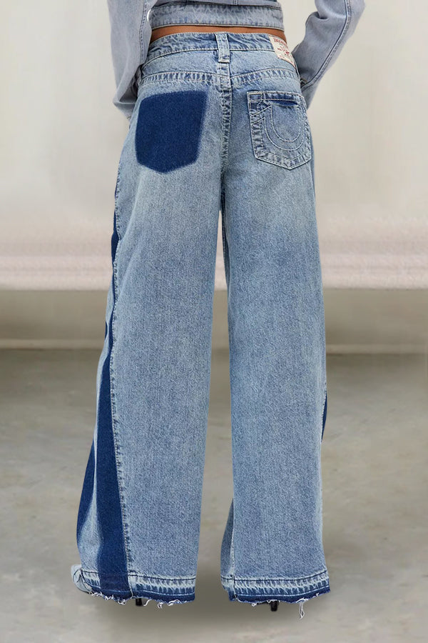 Casual Raw Trim Colorblock Wide Leg Jean