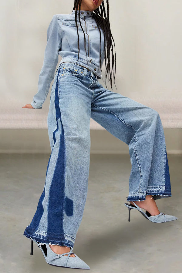 Casual Raw Trim Colorblock Wide Leg Jean