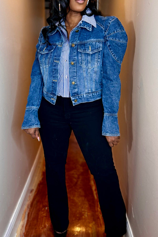 Casual Single Breasted Puff Sleeve Denim Jacket