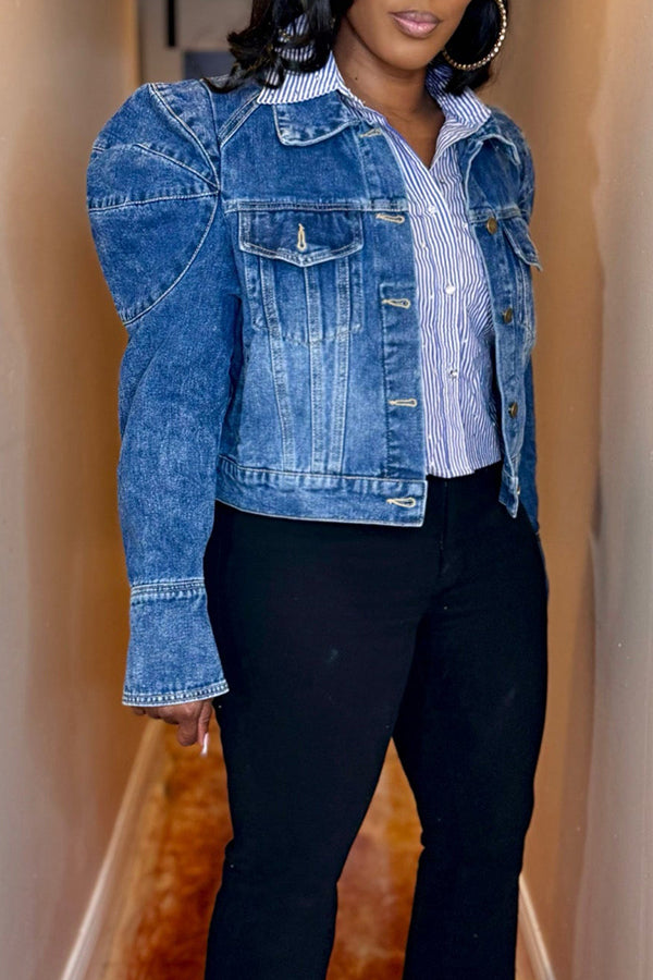 Casual Single Breasted Puff Sleeve Denim Jacket