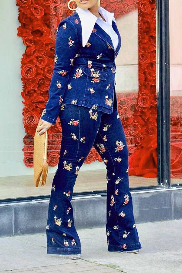 Casual Wash Floral Blazer & Wide Leg Jeans Set