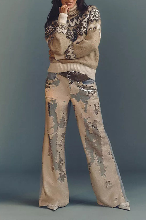 Casual Sequin Wide Leg Skater Jeans