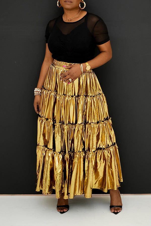 Fashion Multi Layer Ruffle Hem Metallic Skirt