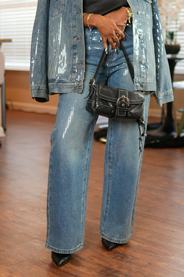 Stylish Chic Sequin Wide Leg Jeans 