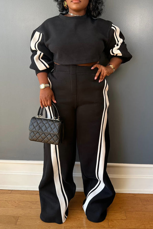 Casual Round Neck Sweatshirt & Colorblock Pants Set