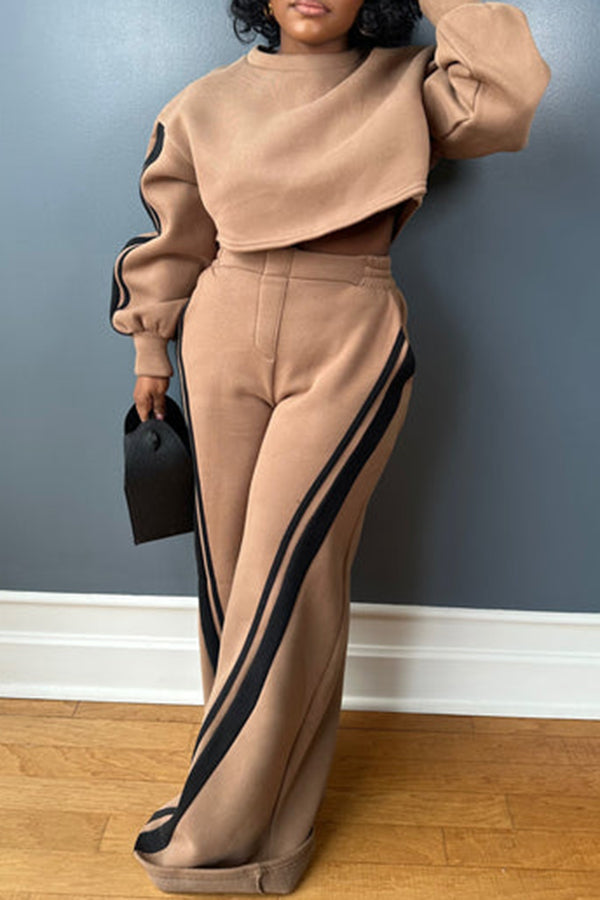 Casual Round Neck Sweatshirt & Colorblock Pants Set