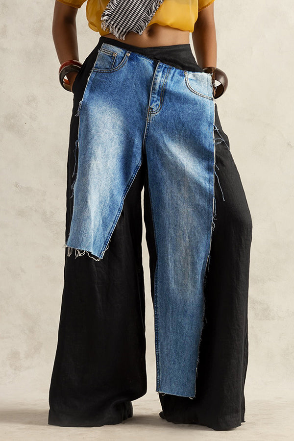 Stylish Denim Splicing Wide Leg Pants