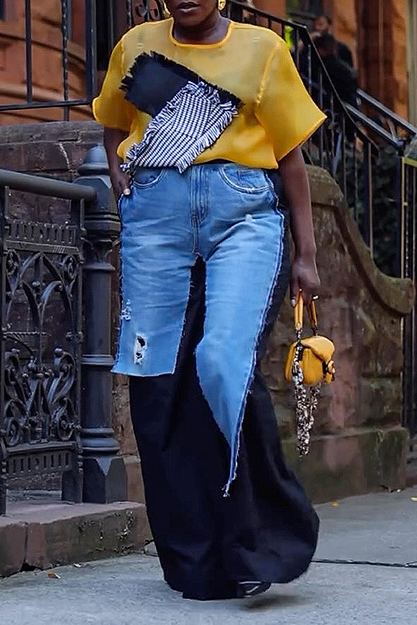 Casual Stylish Denim Ripped Splicing Wide Leg Pants