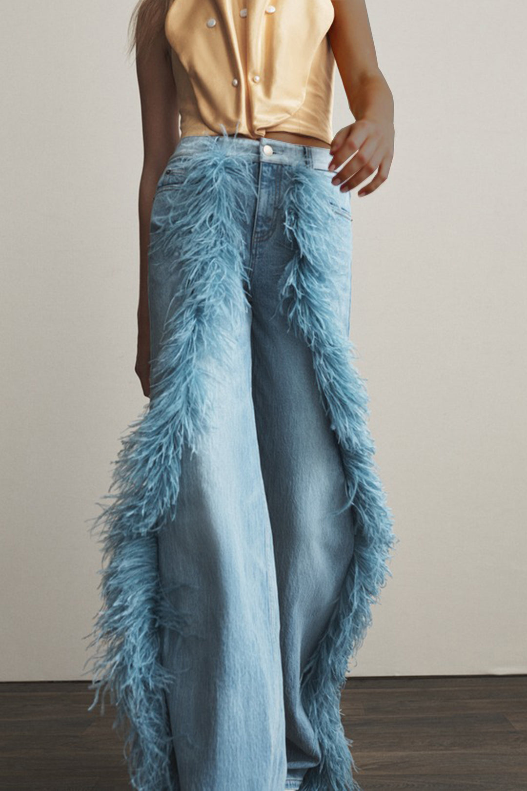 Stylish Feather Splicing Wide Leg Jeans