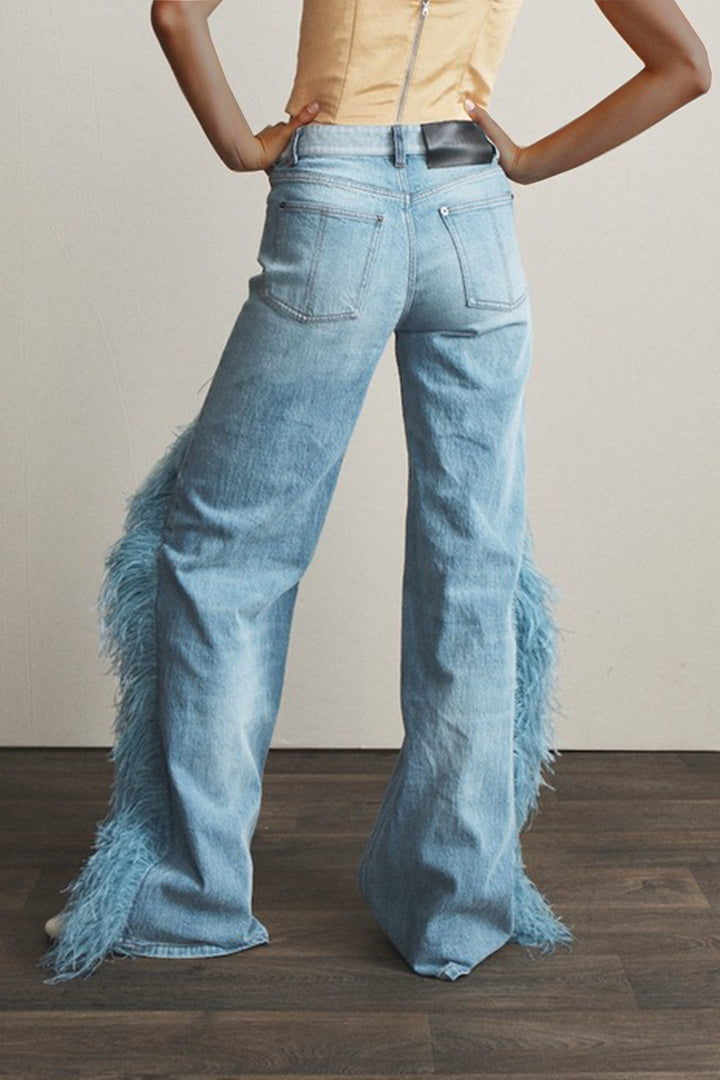 Stylish Feather Splicing Wide Leg Jeans